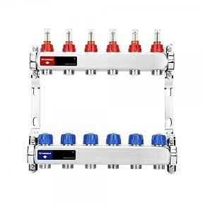 Коллекторная группа с расходомерами Varmega VM15106 ВР1", на 6 контуров 3/4" ЕК, нержавеющая сталь