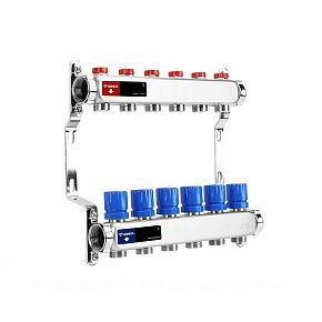 Коллекторная группа с расходомерами Varmega VM15104 ВР 1", на 4 контура 3/4" ЕК, нержавеющая сталь